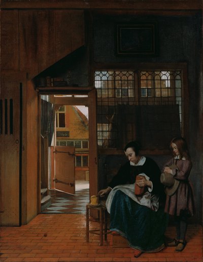 Een Vrouw Bereidt Brood en Boter voor een Jongen, ca. 1660 door Pieter Hooch de