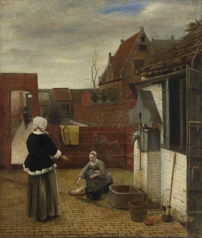 Een Vrouw en haar Dienstmeid in een Binnenplaats door Pieter Hooch de