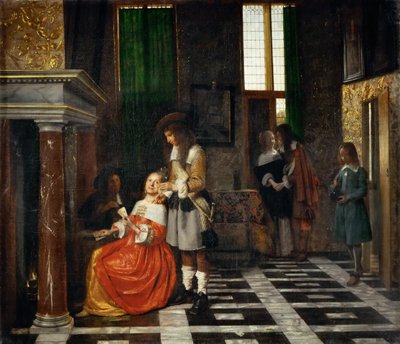 Kaartspelers in een weelderig interieur door Pieter Hooch de