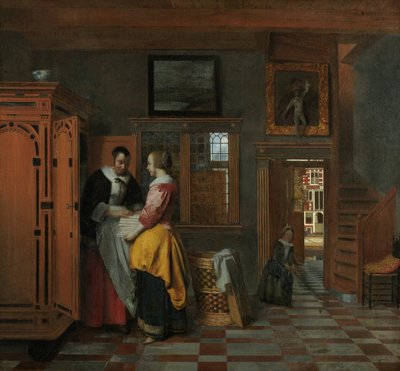 Interieur met Vrouwen naast een Linnenkist door Pieter Hooch de