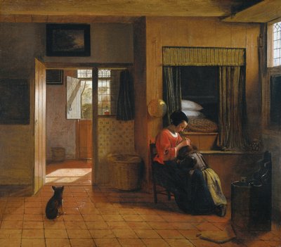 Interieur met een Moeder die het Haar van haar Kind Ontluist (Moederplicht) door Pieter Hooch de