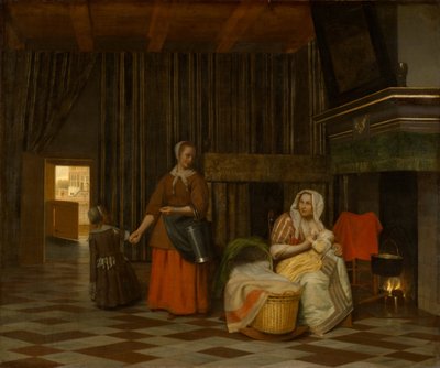 Vrouw en kind met dienstmeid door Pieter Hooch de