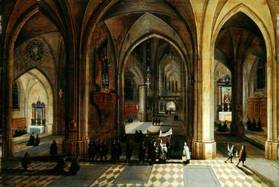 Het interieur van een gotische kathedraal met een processie door Pieter II and Franken Frans II Neefs