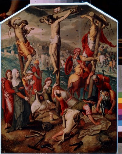 Calvaire (Calvarie). Op Golgotha, Jezus Christus gekruisigd met de twee andere ter dood veroordeelden. Hij draagt het bord INRI (I.N.R.I.) op het kruis. Aan de voet huilt Sint Maria Magdalena om de dood van Jezus, haar flesje ligt omver op de grond. Sint V door Pieter I Pietersz