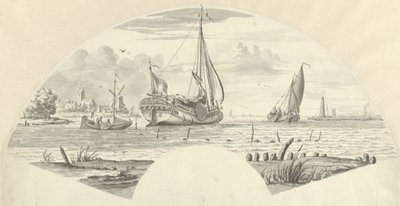 Gezicht op enkele boten op het water en een molen bij een kerk door Pieter Idserts