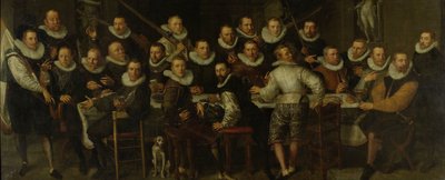 Het gezelschap van kapitein Gillis Jansz Valckenier en luitenant Pieter Jacobsz Bas, Amsterdam, 1599 door Pieter Isaacsz.