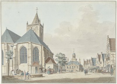 De markt te Vlaardingen met de kerk en het stadhuis door Pieter Jan van Liender