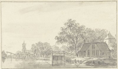 Dorpsgezicht met rivier door Pieter Jan van Liender