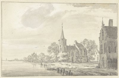 Dorpskerk en huizen aan een rivier door Pieter Jan van Liender