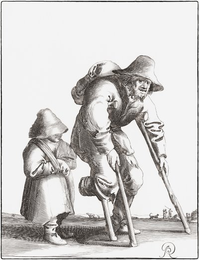 Kreupel bedelaar met kind door Pieter Jansz (after) Quast