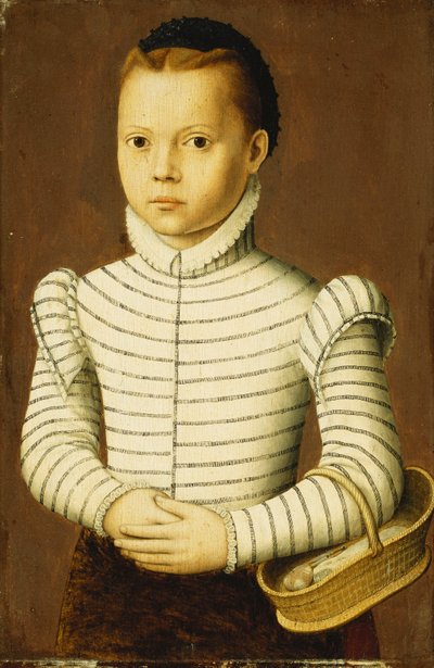 Portret van een Jong Meisje in een Zwart en Wit Kostuum met een Mand door Pieter Jansz. Pourbus