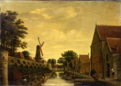 Een kanaal bij een stadsmuur met arbeiders die hout lossen, ca. 1650 door Pieter Jansz. van Asch