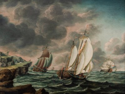 Nederlandse koopvaardijfluiten aan de kust van een rotsachtige kustlijn door Pieter Jochums Lofvers