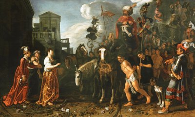 Jephthah verwelkomd thuis van het slagveld door zijn dochter door Pieter Lastman