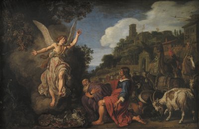 De engel Rafaël neemt afscheid van oude Tobit en zijn zoon Tobias door Pieter Lastman