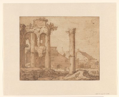 Het Forum van Nerva in Rome, gezien vanaf de Tempel van Minerva door Pieter Lastman