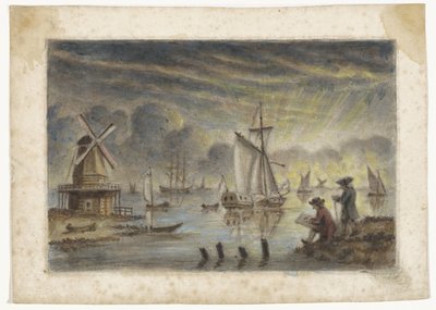 Kustgezicht met schepen, molen en een tekenaar door Pieter Louw (attributed to)