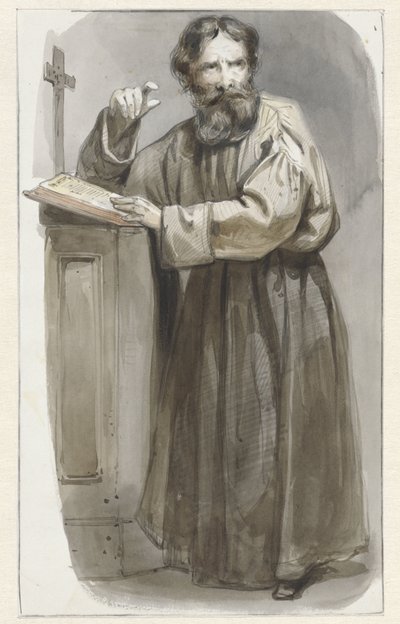 Staande geestelijke bij katheder met crucifix en bijbel door Pieter Marinus van de Laar (attributed to)