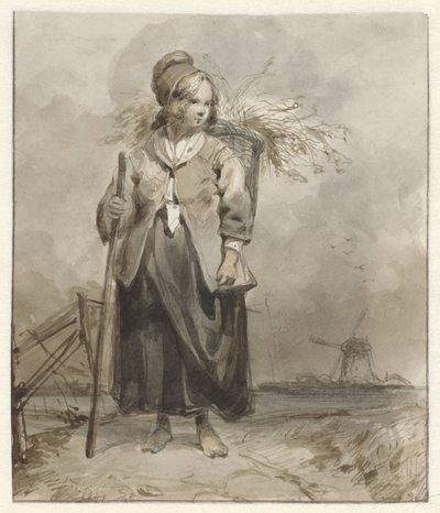 Staande vrouw met stok en mand op de rug door Pieter Marinus van de Laar (attributed to)