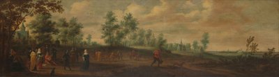 Landschap met een dansend paar buiten een landhuis door Pieter Meulener