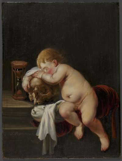 Jongen slapend op een schedel door Pieter Moninckx