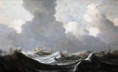Vier schepen voor een storm door Pieter Mulier the Elder