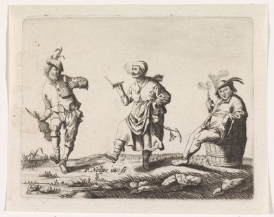Dansende boer en boerin en een man op een ton door Pieter Nolpe