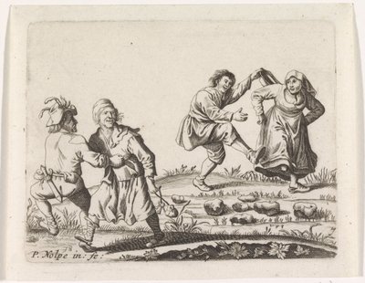 Twee dansende boerenparen door Pieter Nolpe
