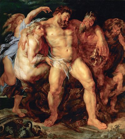 De dronken Hercules, geleid door een nimf en een sater, ca. 1614 door Peter Paul Rubens