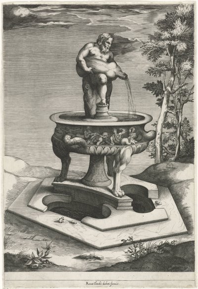 Fontein met Silenus in de tuinen van Palazzo Cesi in het Vaticaan door Pieter Perret
