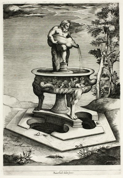 Fontein met Silenus in de tuin van het Cesi-paleis bij Rome door Pieter Perret
