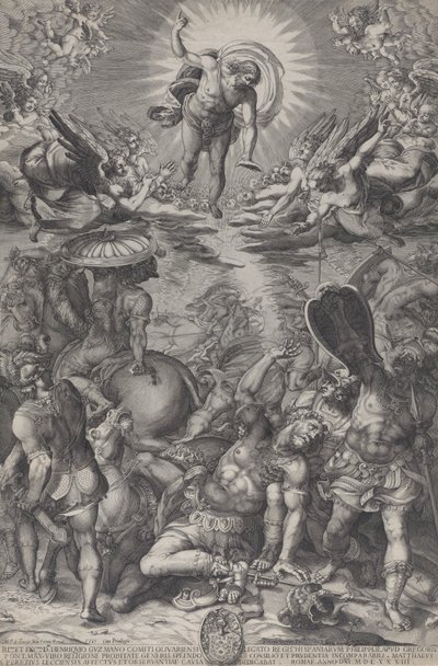 De Bekering van Saul, die op de grond ligt omringd door paarden en soldaten terwijl Christus... door Pieter Perret