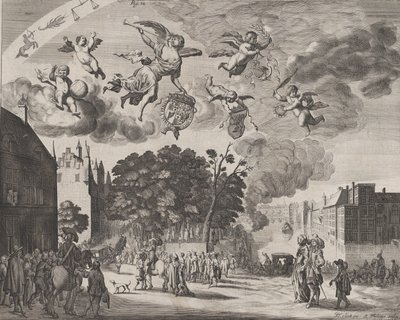 Karel II komt Den Haag binnen in een koets met rechts het Mauritshuis, uit 
