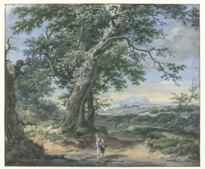 Heuvelachtig landschap met zware bomen en menselijke stoffage door Pieter Pietersz. Barbiers