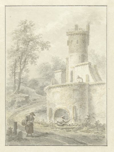 Landschap met hengelaar en wandelende vrouw bij een vestingtoren door Pieter Pietersz. Barbiers