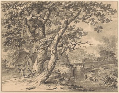 Landschap met watervalletje onder twee grote bomen door Pieter Pietersz. Barbiers