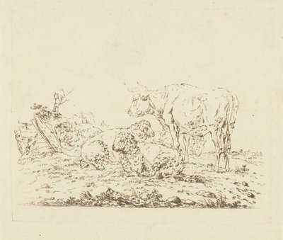 Weiland met koe en schapen door Pieter Roosing