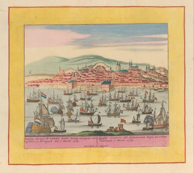 Aankomst van de Hollands-Engelse vloot met koning Karel III te Lissabon, 1704 door Pieter Schenk (I)