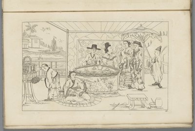 Chinese figuren rond een theetafel door Pieter Schenk (II)