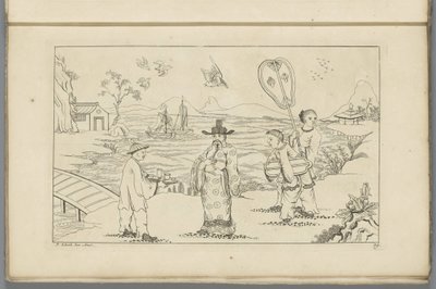 Chinese heer ontvangt thee van een bediende in een landschap door Pieter Schenk (II)