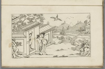 Landschap met drie Chinese vrouwen bij de deuropening van een huis (Nieuwe geinventeerde Sineesen) door Pieter Schenk (II)