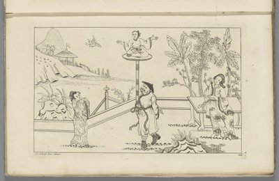 Landschap met figuur in kleermakerszit op een platform door Pieter Schenk (II)