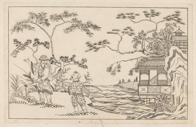 Twee Chinese mannen in een landschap door Pieter Schenk (II)