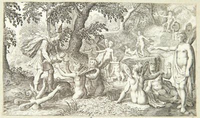 Mercurius draagt Bacchus over aan de nimfen van de berg Nysa door Pieter Serwouters