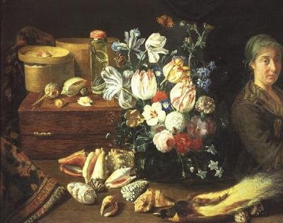 Stilleven, bloemen, schelpen, slangen, vogel en een staande vrouw door Pieter Snyers