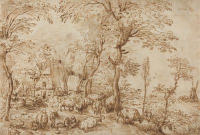 Boeren en vee bij een boerderij door Pieter Bruegel the Elder