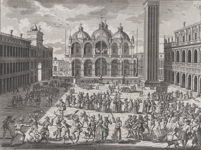 Het carnaval van Venetië, uit: Thesaurus Antiquitatum et Historiarum Italiae, vol. IX, 1722 door Pieter Van der Aa