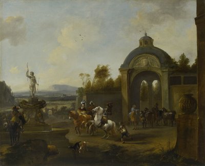 Jachtpartij bij een fontein door Pieter Wouwerman
