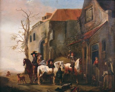 Ruiters en paarden bij de deur van een herberg door Pieter Wouwermans or Wouwerman