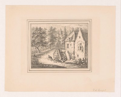Landschap met watermolen en een grazende geit aan een touw door Pieter de Goeje